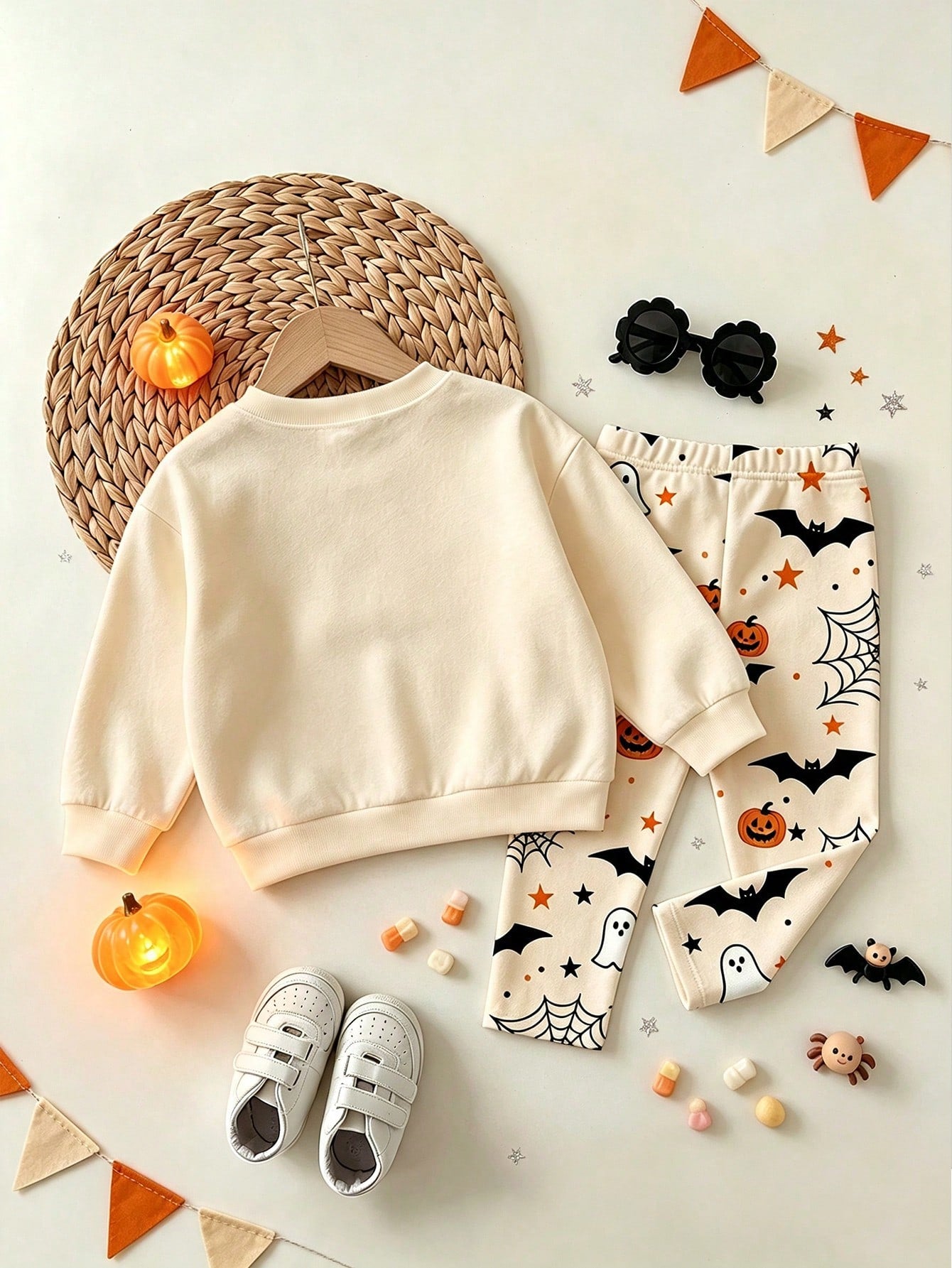Oo Cute To Spook Baby GirlHalloween Outfit, Cute Ghost & Pumpkin Print Sweatshirt And Spider Web Leggings Set (2-Piece), Autumn Clothing Collection