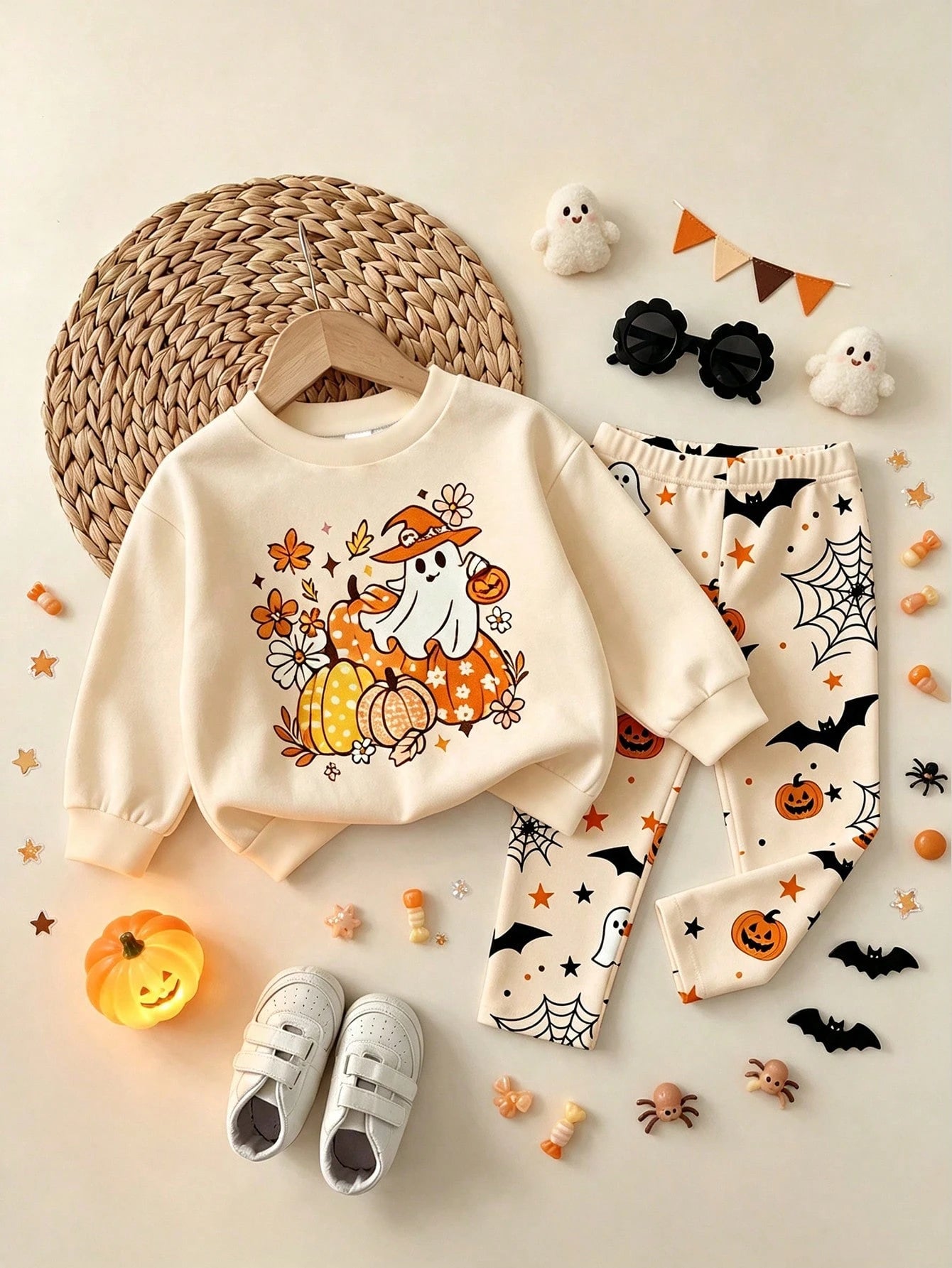 Oo Cute To Spook Baby GirlHalloween Outfit, Cute Ghost & Pumpkin Print Sweatshirt And Spider Web Leggings Set (2-Piece), Autumn Clothing Collection