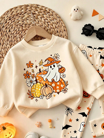 Oo Cute To Spook Baby GirlHalloween Outfit, Cute Ghost & Pumpkin Print Sweatshirt And Spider Web Leggings Set (2-Piece), Autumn Clothing Collection