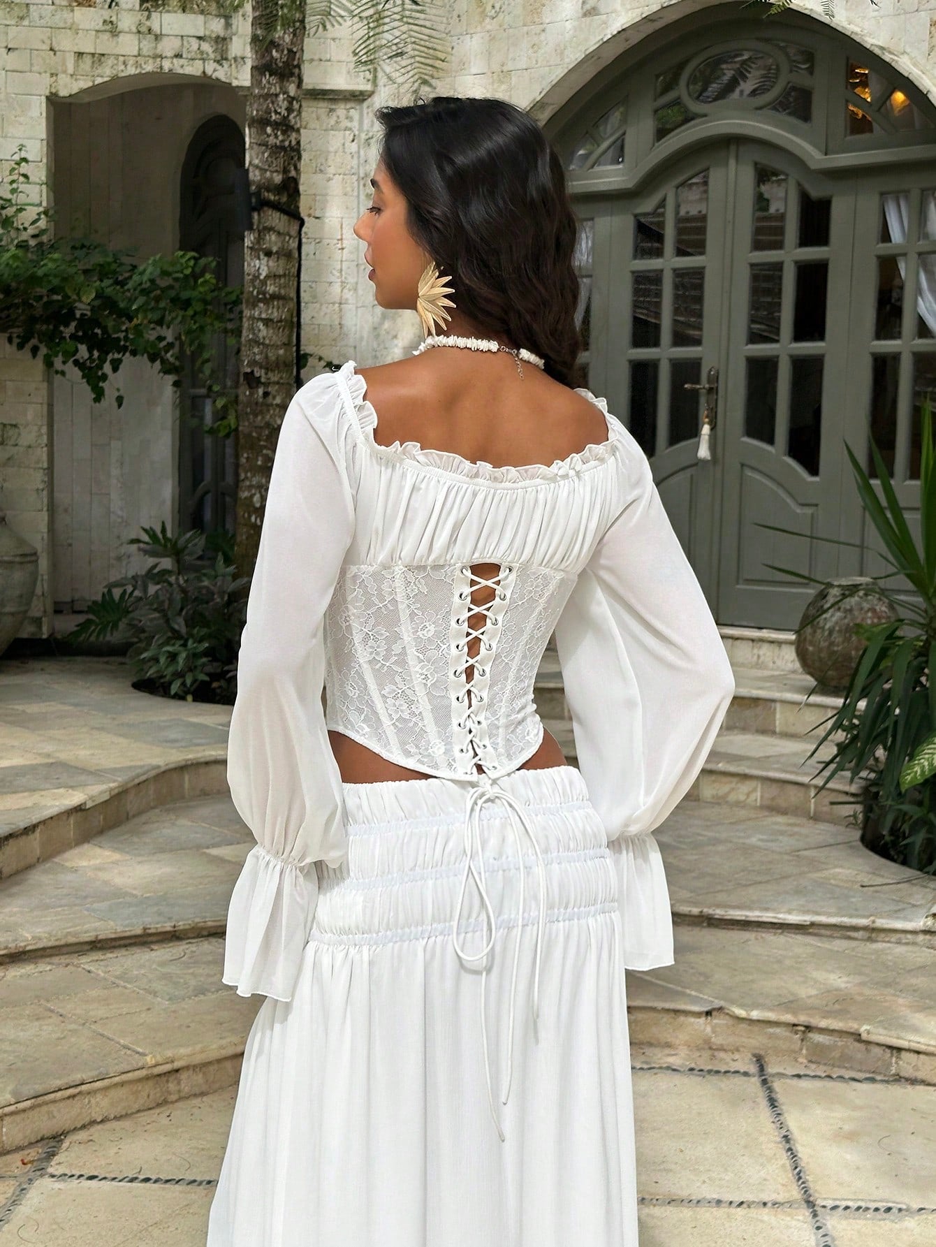 Opulessa Elegant Casual Beach Wedding Vacation White Women's Solid Color Off-Shoulder Long Sleeve Blouse, Spring/Summer Boho
