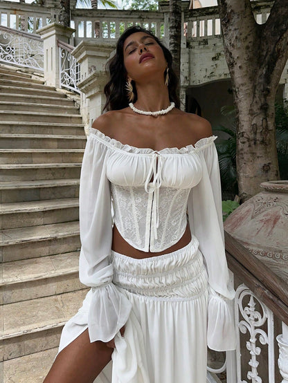 Opulessa Elegant Casual Beach Wedding Vacation White Women's Solid Color Off-Shoulder Long Sleeve Blouse, Spring/Summer Boho