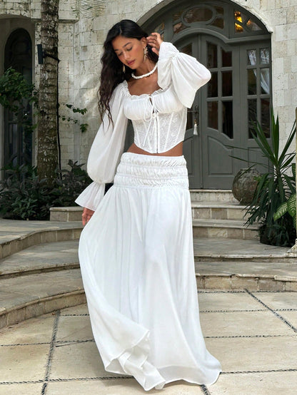 Opulessa Elegant Casual Beach Wedding Vacation White Women's Solid Color Off-Shoulder Long Sleeve Blouse, Spring/Summer Boho