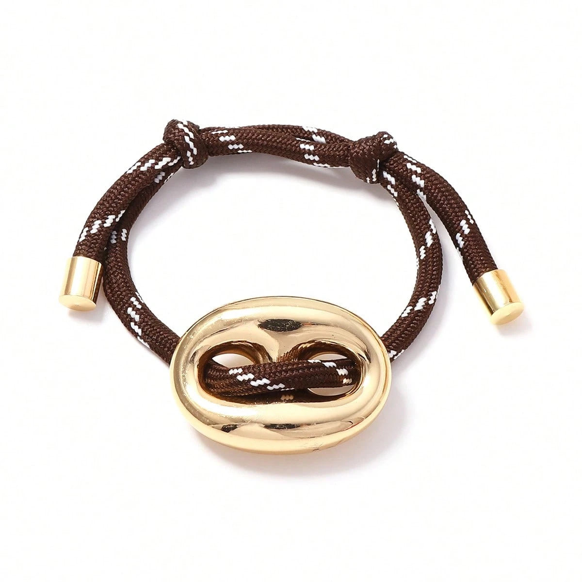 Oval Pig Link Adjustable Rope Bracelet, Two Tone Gold Silver Toggle Drawstring Braided Wristband Women Minimalist Chunky Metal Wrist Jewelry