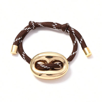 Oval Pig Link Adjustable Rope Bracelet, Two Tone Gold Silver Toggle Drawstring Braided Wristband Women Minimalist Chunky Metal Wrist Jewelry