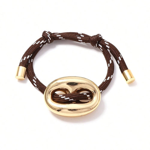 Oval Pig Link Adjustable Rope Bracelet, Two Tone Gold Silver Toggle Drawstring Braided Wristband Women Minimalist Chunky Metal Wrist Jewelry