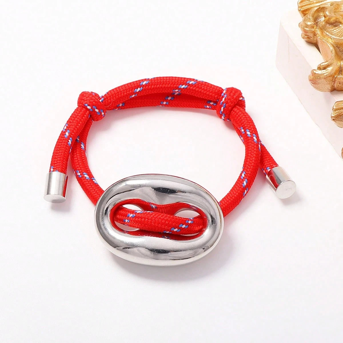 Oval Pig Link Adjustable Rope Bracelet, Two Tone Gold Silver Toggle Drawstring Braided Wristband Women Minimalist Chunky Metal Wrist Jewelry