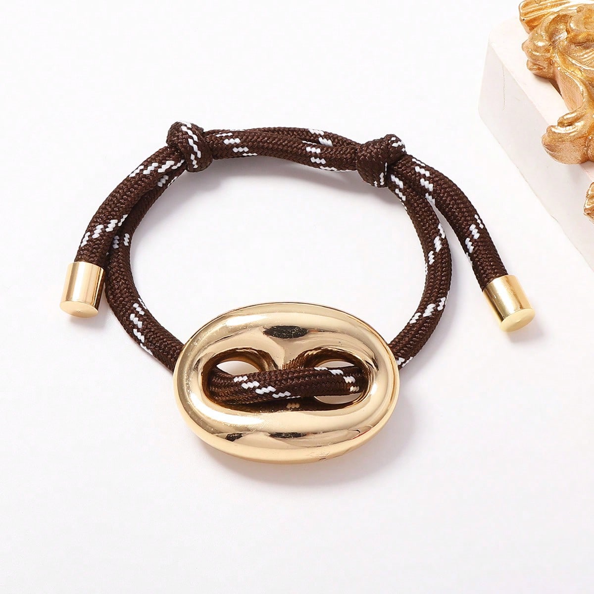 Oval Pig Link Adjustable Rope Bracelet, Two Tone Gold Silver Toggle Drawstring Braided Wristband Women Minimalist Chunky Metal Wrist Jewelry