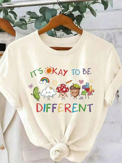 Oversized Tee Summer Casual Tee1pcs"It's Okay To Be Different" T-Shirt, Neurodiversity Gift, Special Education T-Shirt, AAC Teacher T-Shirts, Printed