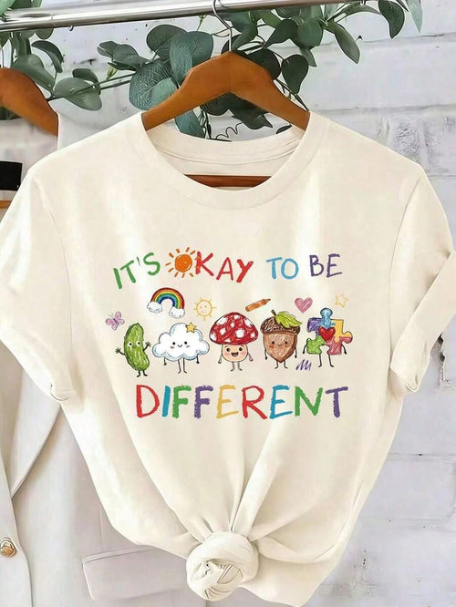 Oversized Tee Summer Casual Tee1pcs"It's Okay To Be Different" T-Shirt, Neurodiversity Gift, Special Education T-Shirt, AAC Teacher T-Shirts, Printed