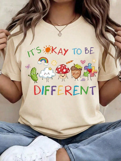 Oversized Tee Summer Casual Tee1pcs"It's Okay To Be Different" T-Shirt, Neurodiversity Gift, Special Education T-Shirt, AAC Teacher T-Shirts, Printed