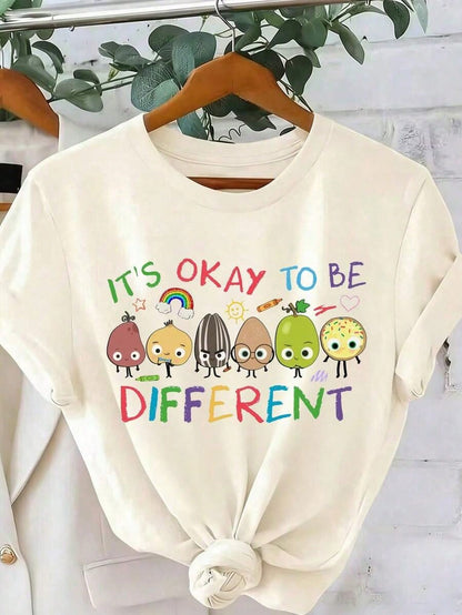 Oversized Tee Summer Casual Tee1pcs"It's Okay To Be Different" T-Shirt, Neurodiversity Gift, Special Education T-Shirt, AAC Teacher T-Shirts, Printed