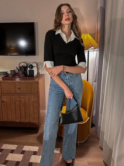 Pariaura 2-In-1 Polo Collar Patchwork Short Sleeve T-Shirt Women Slim Fit Pullover, Spring/Summer Clothing
