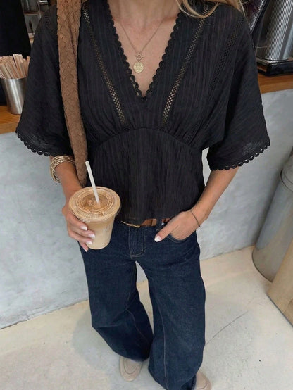 Pariaura Spring Summer French Black Lace Trim Blouse, V-Neck Cutout Waist Short Sleeve Textured Peplum Top