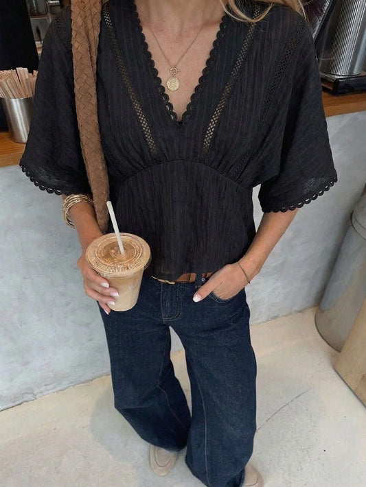 Pariaura Spring Summer French Black Lace Trim Blouse, V-Neck Cutout Waist Short Sleeve Textured Peplum Top