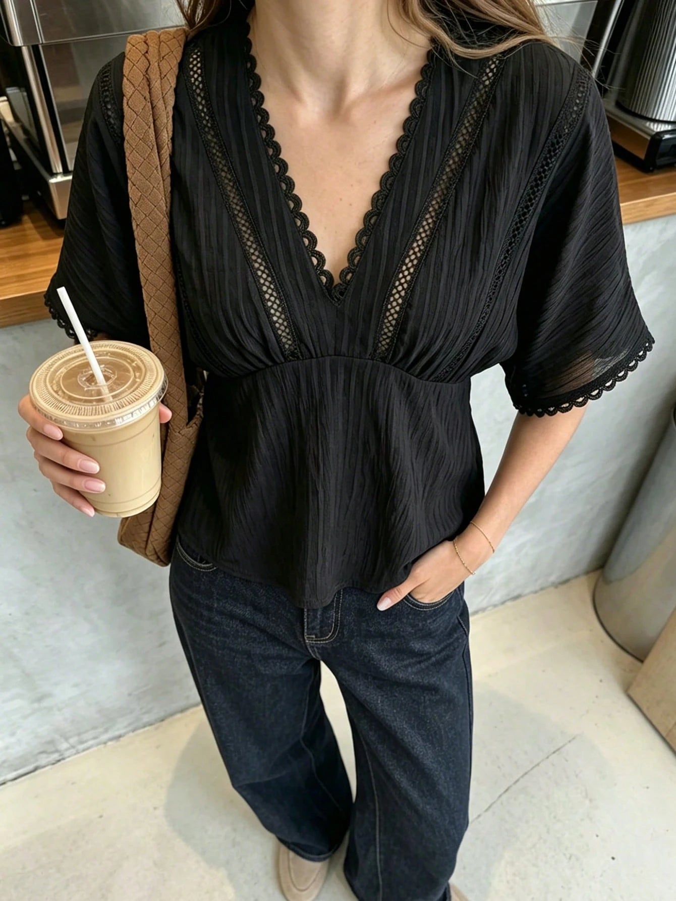 Pariaura Spring Summer French Black Lace Trim Blouse, V-Neck Cutout Waist Short Sleeve Textured Peplum Top