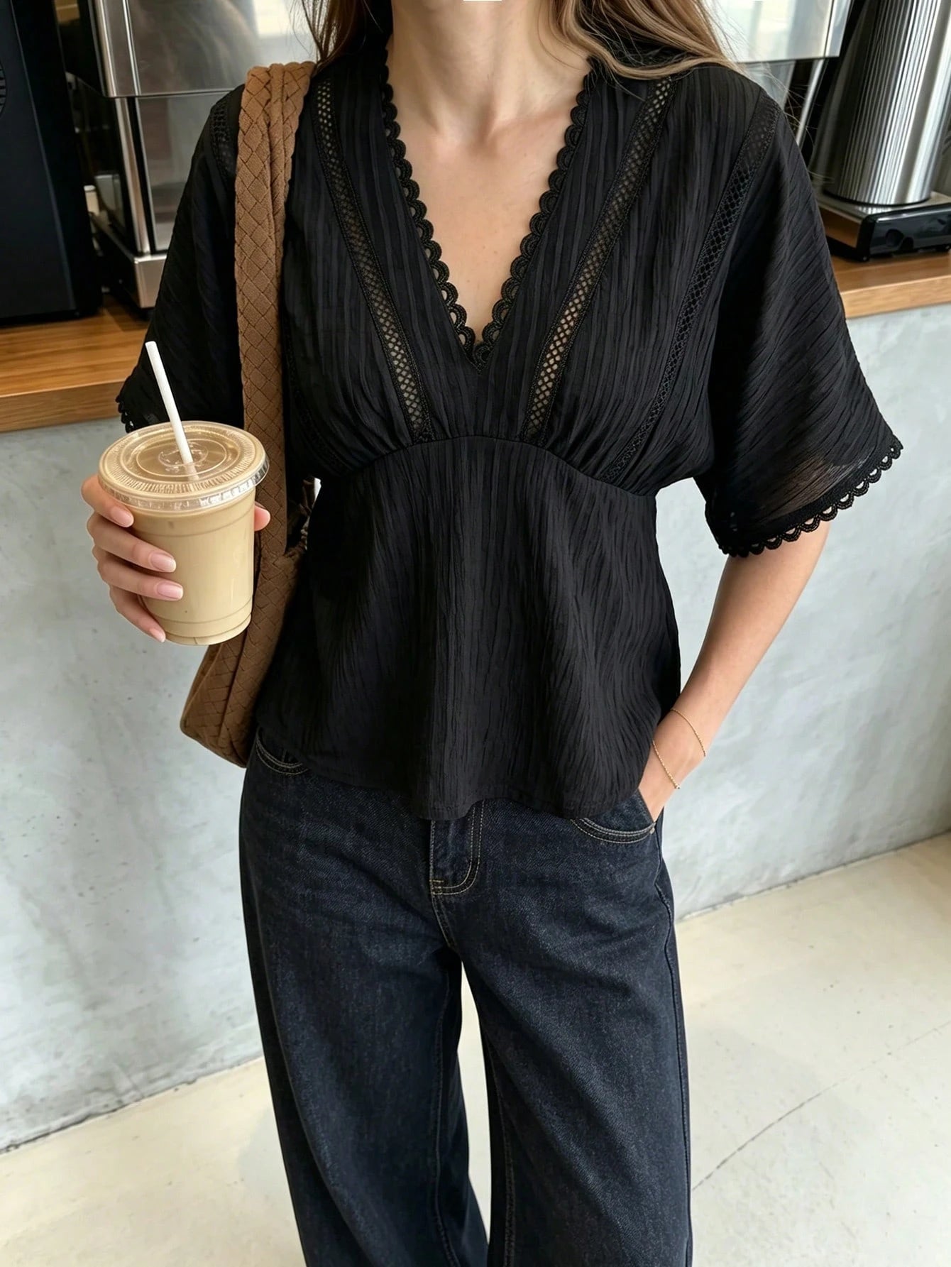 Pariaura Spring Summer French Black Lace Trim Blouse, V-Neck Cutout Waist Short Sleeve Textured Peplum Top