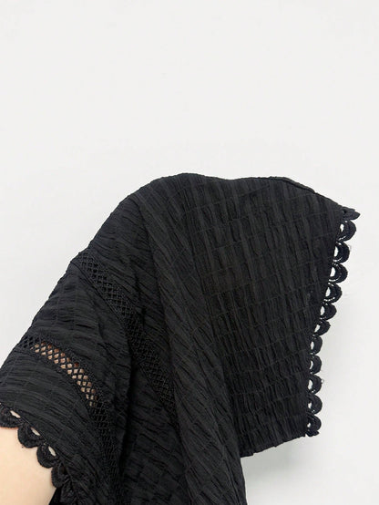 Pariaura Spring Summer French Black Lace Trim Blouse, V-Neck Cutout Waist Short Sleeve Textured Peplum Top