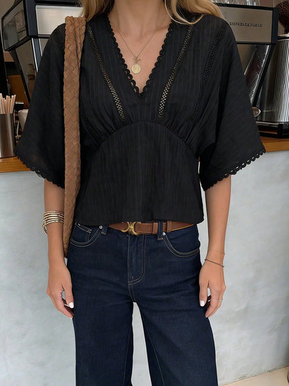 Pariaura Spring Summer French Black Lace Trim Blouse, V-Neck Cutout Waist Short Sleeve Textured Peplum Top