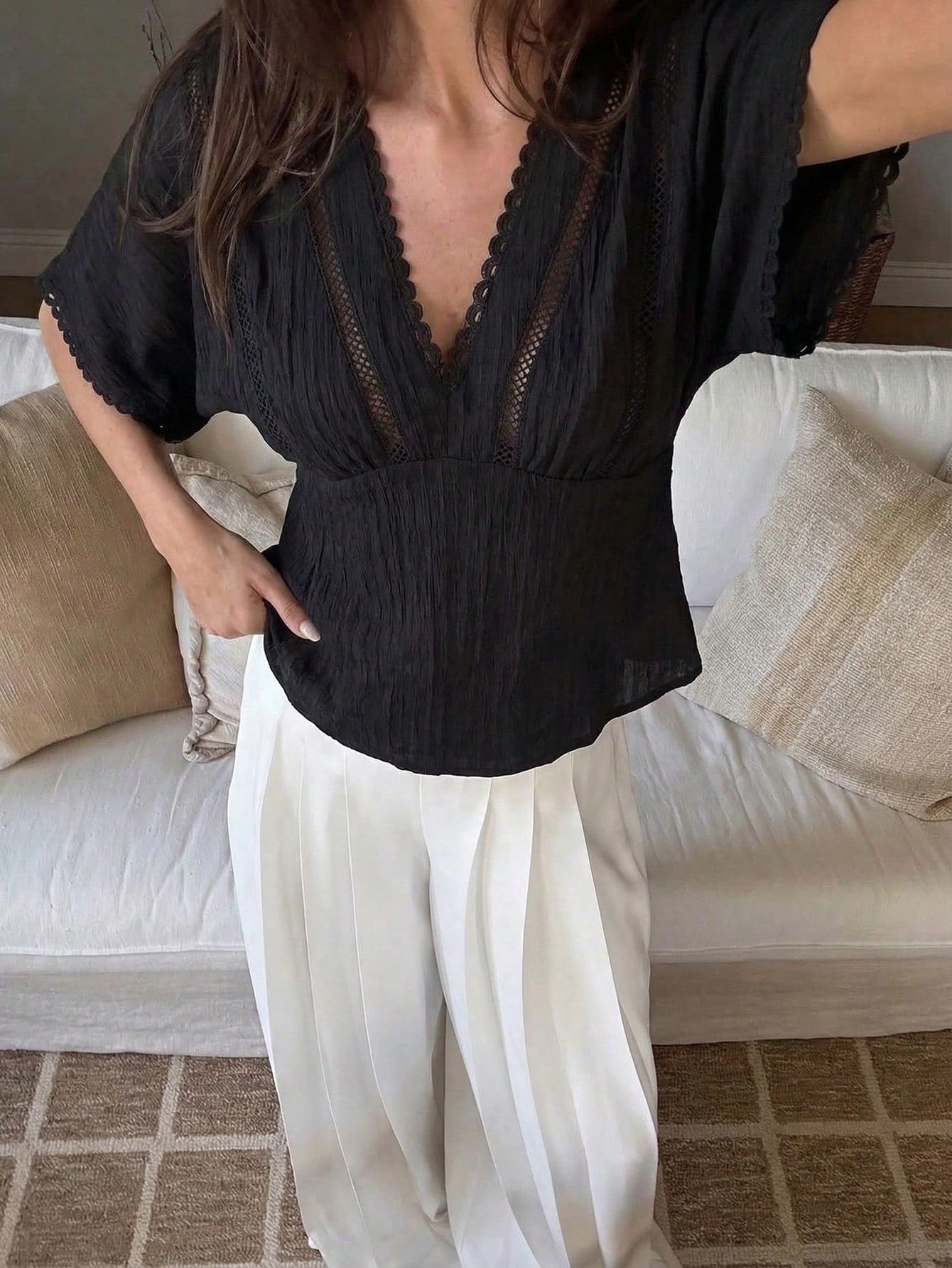 Pariaura Spring Summer French Black Lace Trim Blouse, V-Neck Cutout Waist Short Sleeve Textured Peplum Top
