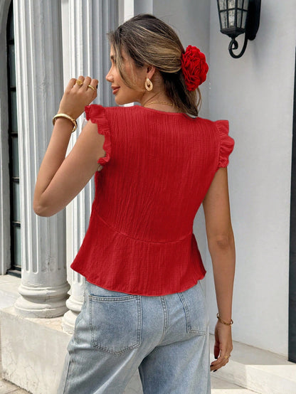 Pariaura Women's Red Textured Fabric Lace Patchwork Sleeveless V-Neck Tank Top,Cute Summer Boho Holiday Vacation Blouse With Lace Trim