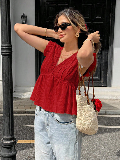 Pariaura Women's Red Textured Fabric Lace Patchwork Sleeveless V-Neck Tank Top,Cute Summer Boho Holiday Vacation Blouse With Lace Trim