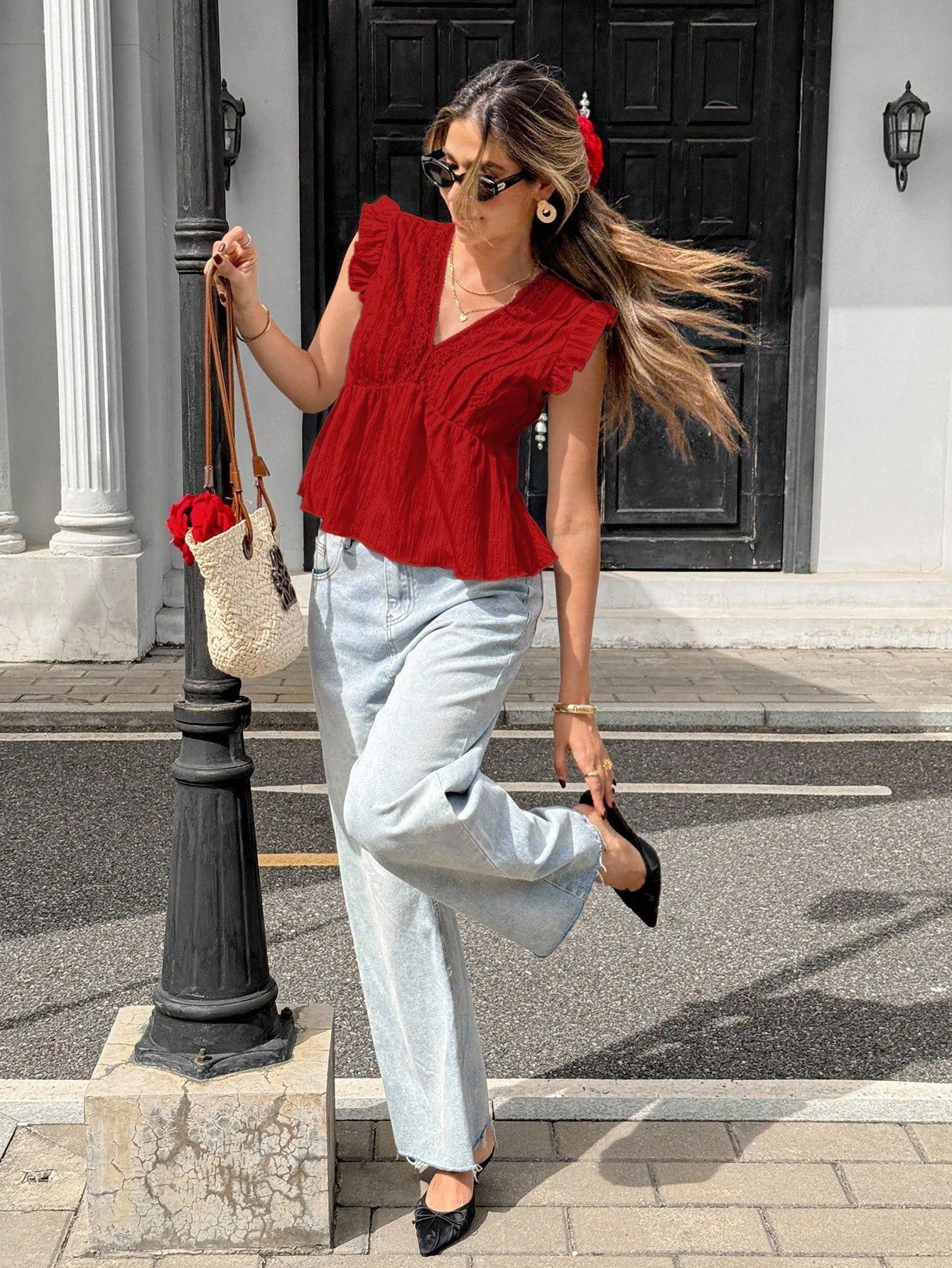 Pariaura Women's Red Textured Fabric Lace Patchwork Sleeveless V-Neck Tank Top,Cute Summer Boho Holiday Vacation Blouse With Lace Trim