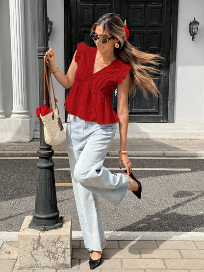 Pariaura Women's Red Textured Fabric Lace Patchwork Sleeveless V-Neck Tank Top,Cute Summer Boho Holiday Vacation Blouse With Lace Trim