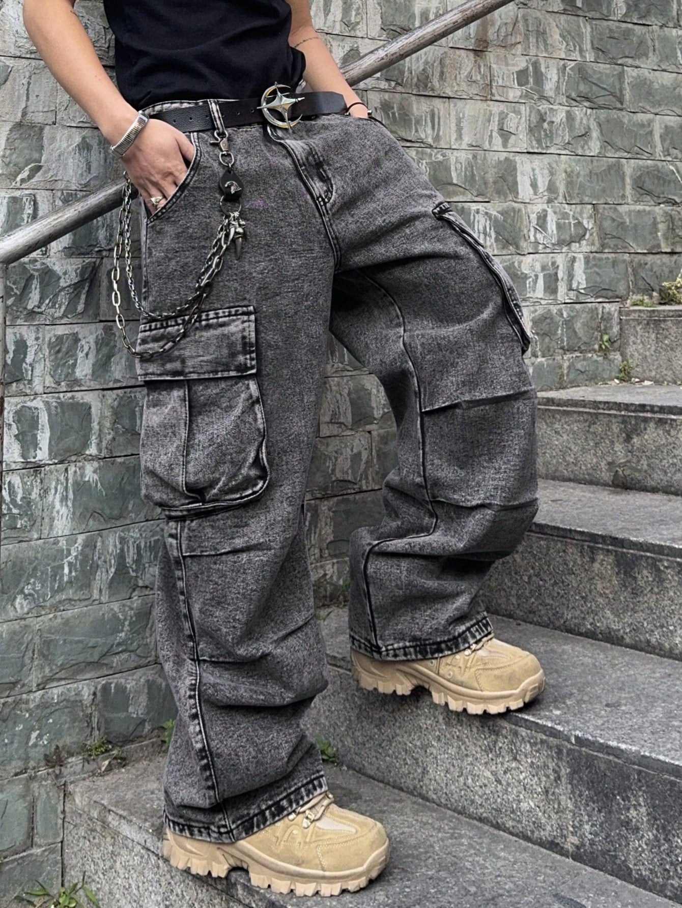 PAVTROS Manfinity Streetrush Plus Size Men's Loose Fit Casual Denim Jeans,Gray Summer Streetwear Evening Oversized Wide Leg Cargo Pants With Pockets Cowboy