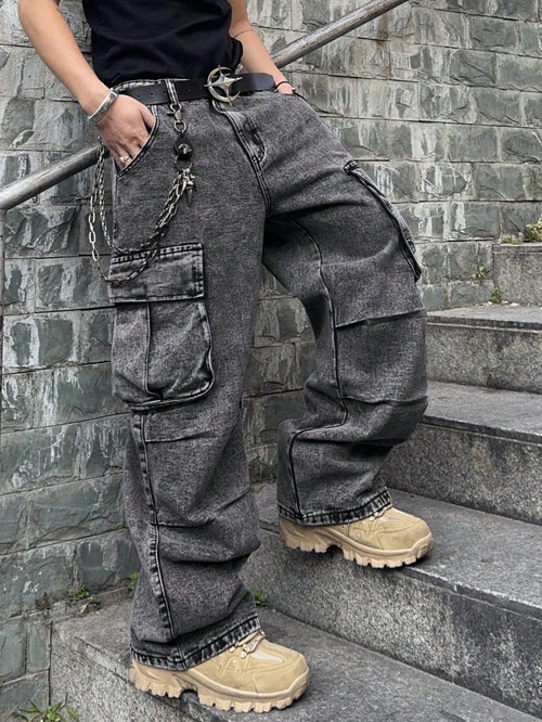 PAVTROS Manfinity Streetrush Plus Size Men's Loose Fit Casual Denim Jeans,Gray Summer Streetwear Evening Oversized Wide Leg Cargo Pants With Pockets Cowboy