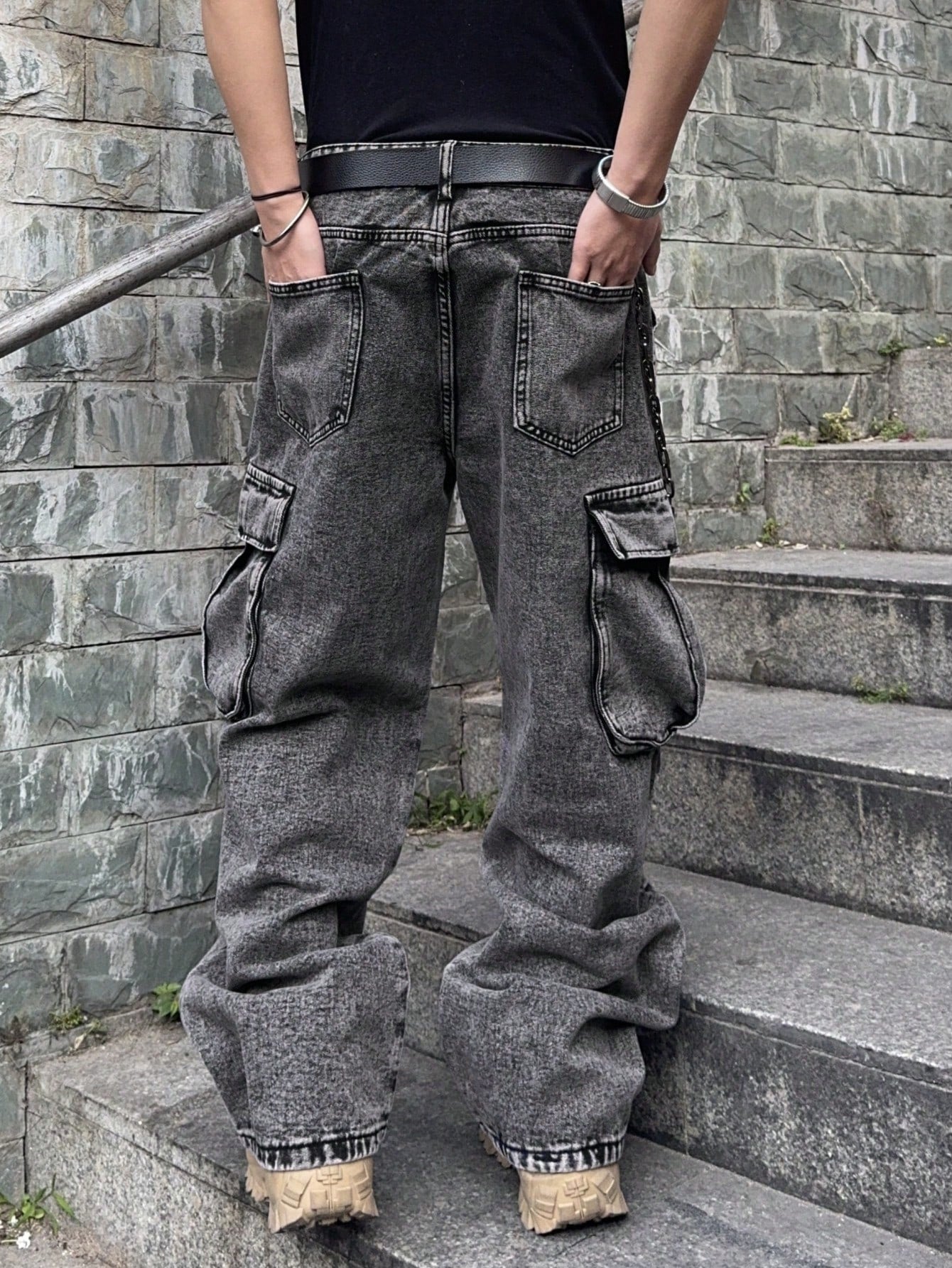 PAVTROS Manfinity Streetrush Plus Size Men's Loose Fit Casual Denim Jeans,Gray Summer Streetwear Evening Oversized Wide Leg Cargo Pants With Pockets Cowboy