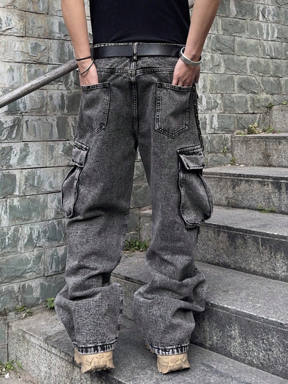 PAVTROS Manfinity Streetrush Plus Size Men's Loose Fit Casual Denim Jeans,Gray Summer Streetwear Evening Oversized Wide Leg Cargo Pants With Pockets Cowboy