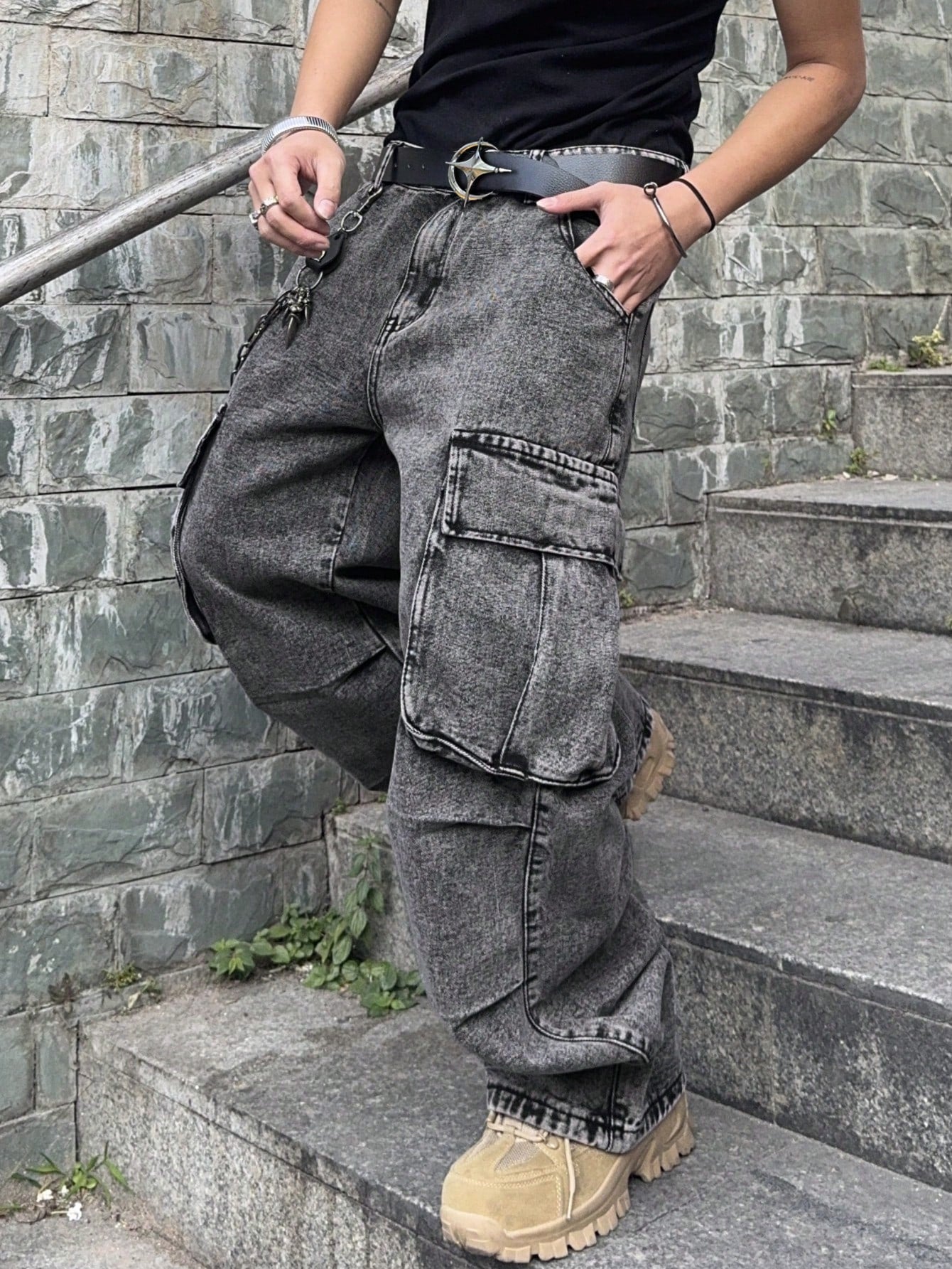 PAVTROS Manfinity Streetrush Plus Size Men's Loose Fit Casual Denim Jeans,Gray Summer Streetwear Evening Oversized Wide Leg Cargo Pants With Pockets Cowboy