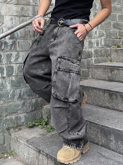 PAVTROS Manfinity Streetrush Plus Size Men's Loose Fit Casual Denim Jeans,Gray Summer Streetwear Evening Oversized Wide Leg Cargo Pants With Pockets Cowboy