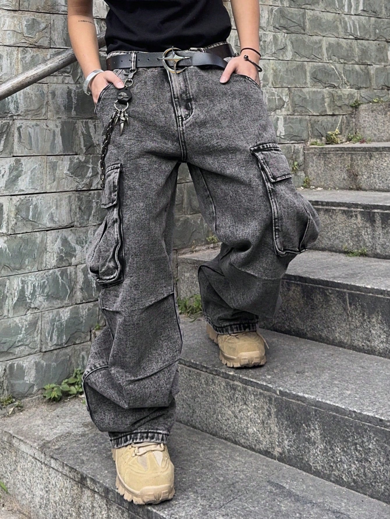 PAVTROS Manfinity Streetrush Plus Size Men's Loose Fit Casual Denim Jeans,Gray Summer Streetwear Evening Oversized Wide Leg Cargo Pants With Pockets Cowboy