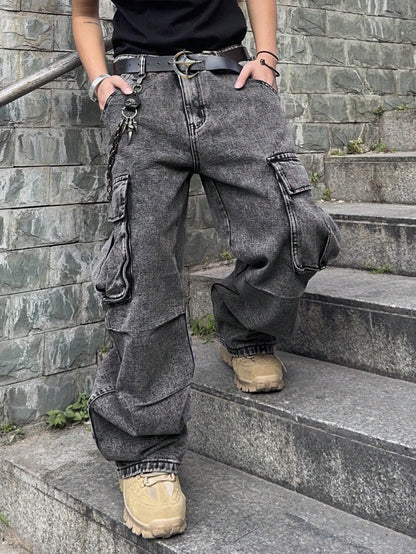 PAVTROS Manfinity Streetrush Plus Size Men's Loose Fit Casual Denim Jeans,Gray Summer Streetwear Evening Oversized Wide Leg Cargo Pants With Pockets Cowboy