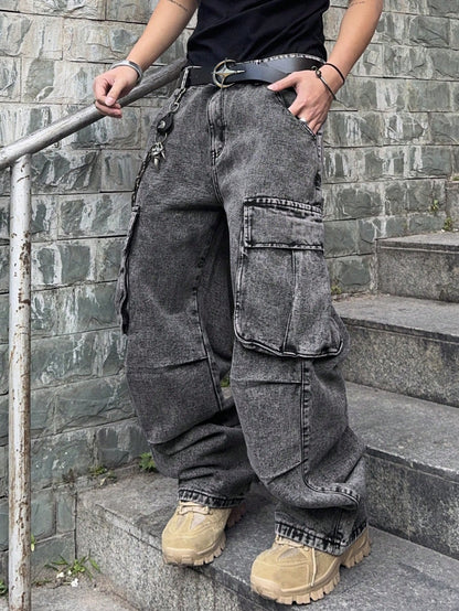 PAVTROS Manfinity Streetrush Plus Size Men's Loose Fit Casual Denim Jeans,Gray Summer Streetwear Evening Oversized Wide Leg Cargo Pants With Pockets Cowboy