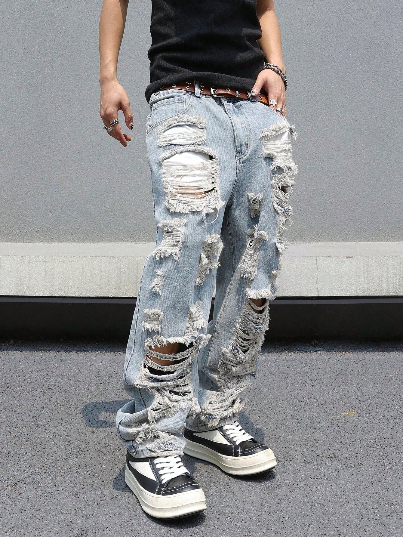 PAVTROS Manfinity Streetrush Plus Size Men's Loose Fit Casual Denim Jeans,Gray Summer Streetwear Evening Oversized Wide Leg Cargo Pants With Pockets Cowboy