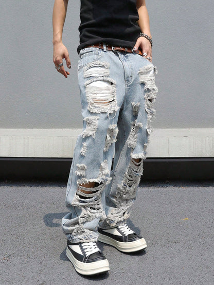 PAVTROS Manfinity Streetrush Plus Size Men's Loose Fit Casual Denim Jeans,Gray Summer Streetwear Evening Oversized Wide Leg Cargo Pants With Pockets Cowboy