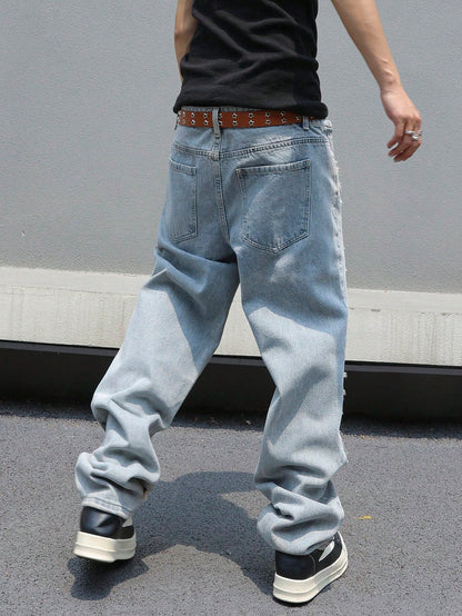 PAVTROS Manfinity Streetrush Plus Size Men's Loose Fit Casual Denim Jeans,Gray Summer Streetwear Evening Oversized Wide Leg Cargo Pants With Pockets Cowboy