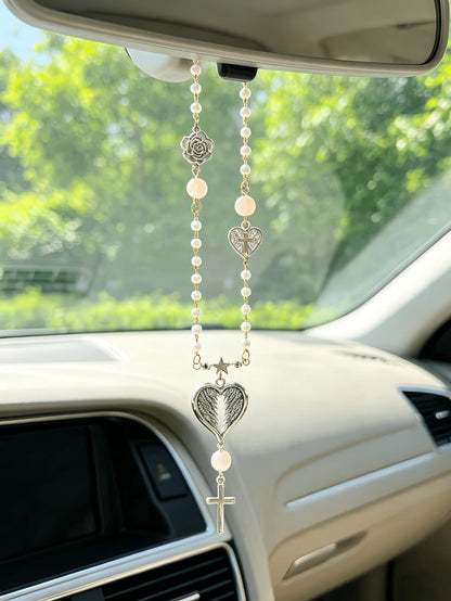 Pearl Beaded Car Rearview Mirror Hanging Ornament, Vintage Rose Wing Heart Pendant Car Interior Decoration, Pink Beads Cute Women's Car Accessory, Car Rearview Mirror Hanging Decoration Gift