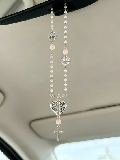 Pearl Beaded Car Rearview Mirror Hanging Ornament, Vintage Rose Wing Heart Pendant Car Interior Decoration, Pink Beads Cute Women's Car Accessory, Car Rearview Mirror Hanging Decoration Gift