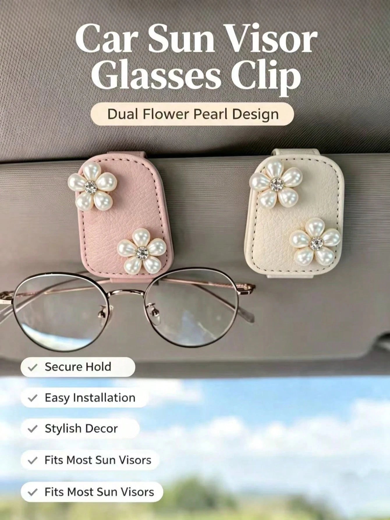 Pearl Rhinestone Flower Leather Car Fashion Glasses Clip, Car Sun Visor Fashion Glasses & Ticket Holder, Double Pearl Small Flower Car Sun Visor Glasses Clip, Lychee Grain Leather Surface Women's Car