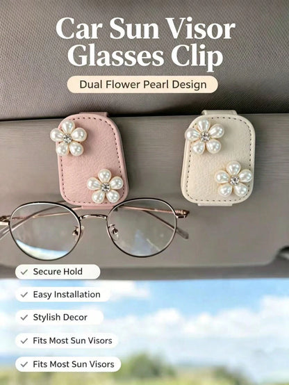 Pearl Rhinestone Flower Leather Car Fashion Glasses Clip, Car Sun Visor Fashion Glasses & Ticket Holder, Double Pearl Small Flower Car Sun Visor Glasses Clip, Lychee Grain Leather Surface Women's Car