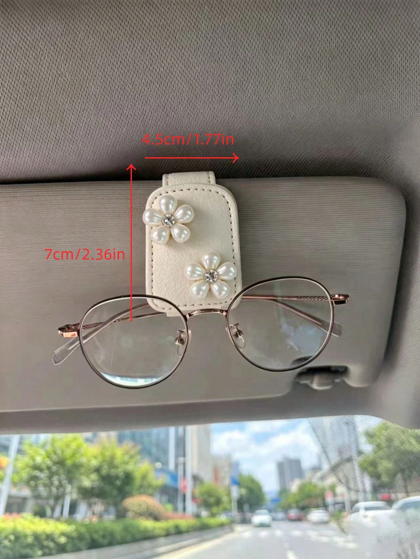 Pearl Rhinestone Flower Leather Car Fashion Glasses Clip, Car Sun Visor Fashion Glasses & Ticket Holder, Double Pearl Small Flower Car Sun Visor Glasses Clip, Lychee Grain Leather Surface Women's Car