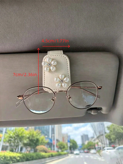 Pearl Rhinestone Flower Leather Car Fashion Glasses Clip, Car Sun Visor Fashion Glasses & Ticket Holder, Double Pearl Small Flower Car Sun Visor Glasses Clip, Lychee Grain Leather Surface Women's Car