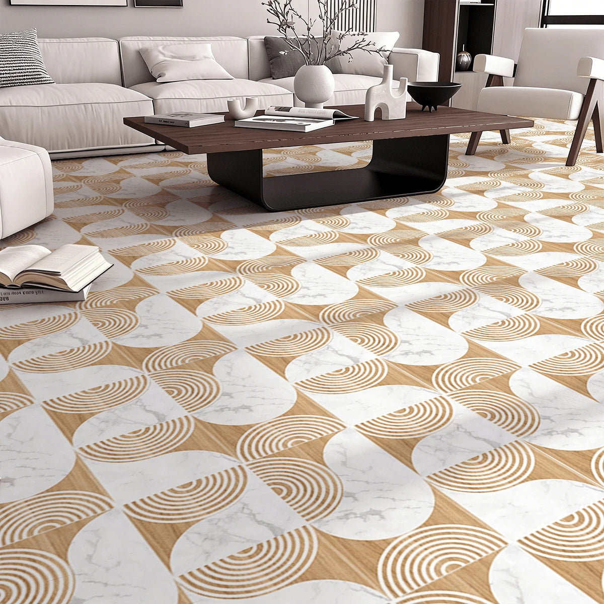 Peel And Stick Vinyl Floor Sticker 40*120CM, Beige Wood Marble Pattern Removable Waterproof Anti-Slip Floor Tile, Minimalist Geometric Floor Decor For Rental House Bedroom Kitchen Bathroom