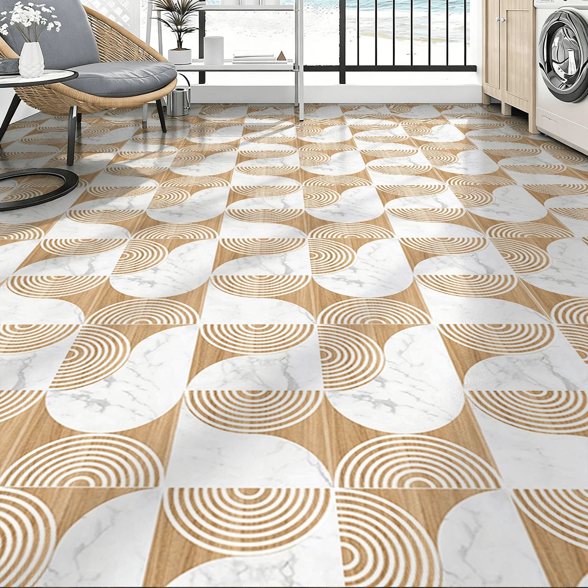 Peel And Stick Vinyl Floor Sticker 40*120CM, Beige Wood Marble Pattern Removable Waterproof Anti-Slip Floor Tile, Minimalist Geometric Floor Decor For Rental House Bedroom Kitchen Bathroom