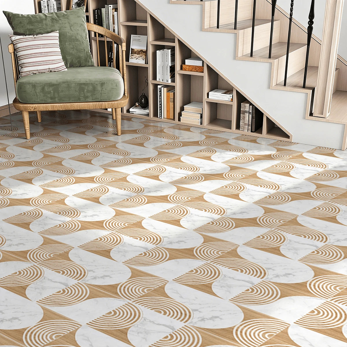Peel And Stick Vinyl Floor Sticker 40*120CM, Beige Wood Marble Pattern Removable Waterproof Anti-Slip Floor Tile, Minimalist Geometric Floor Decor For Rental House Bedroom Kitchen Bathroom