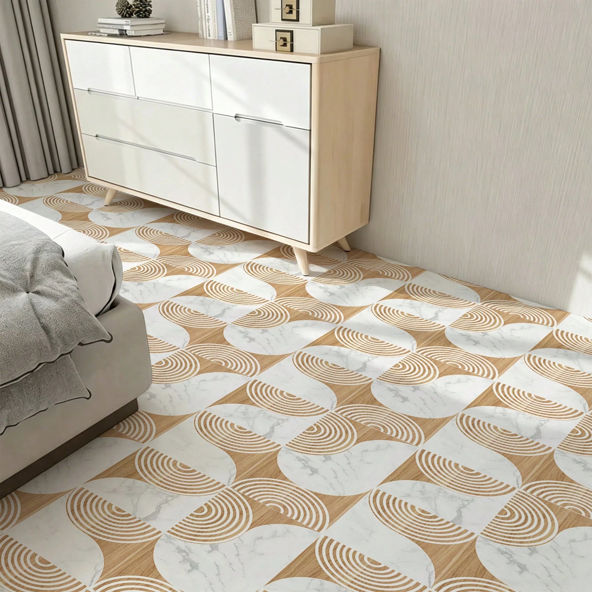 Peel And Stick Vinyl Floor Sticker 40*120CM, Beige Wood Marble Pattern Removable Waterproof Anti-Slip Floor Tile, Minimalist Geometric Floor Decor For Rental House Bedroom Kitchen Bathroom