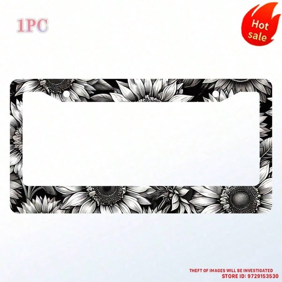 Personalized Black And White Floral Car License Plate Frame, Includes Screws, Suitable For 6X 12.2inch License Plate Holes, Unisex